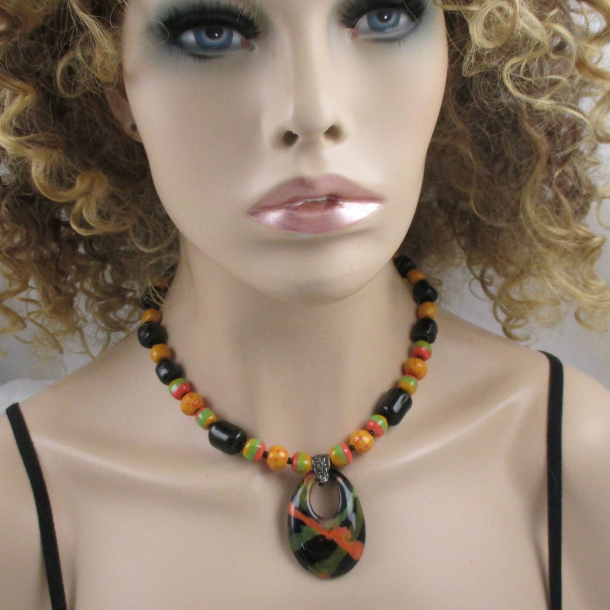 African Kazuri Necklace in Black, Green and Buttercup - VP's Jewelry