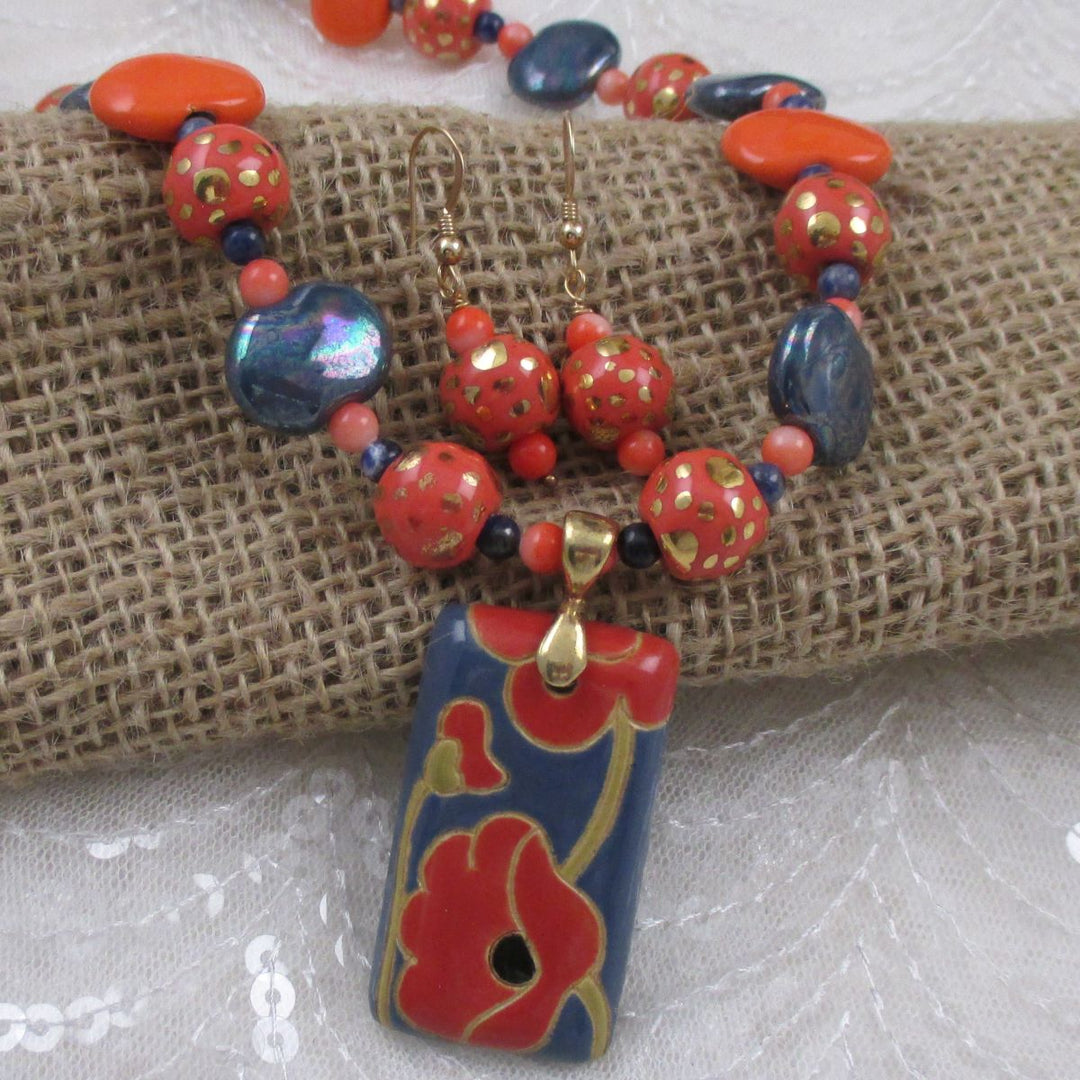 Handmade Kazuri Jewelry Set Kazuri Pendant Necklace & Earrings - VP's Jewelry