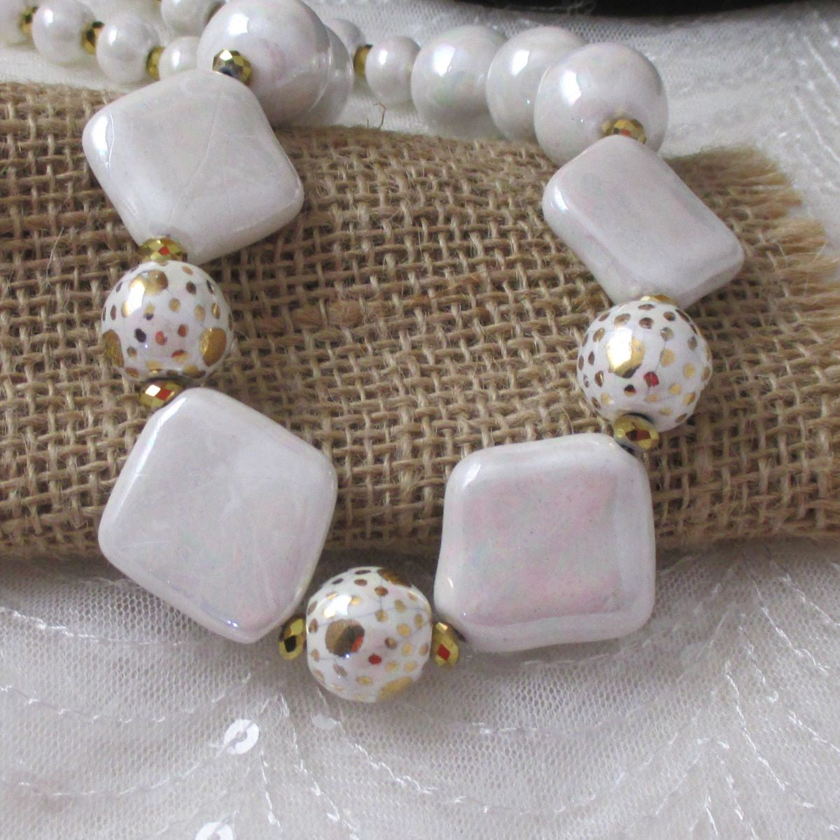Pearl White and Gold Kazuri Necklace - Fair Trade Beads - VP's Jewelry