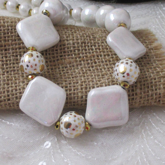 Pearl White and Gold Kazuri Necklace - Fair Trade Beads - VP's Jewelry