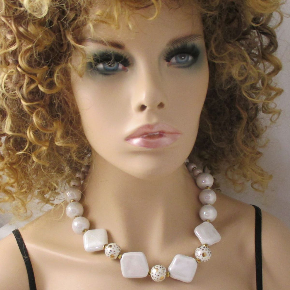 Pearl White and Gold Kazuri Necklace - Fair Trade Beads - VP's Jewelry