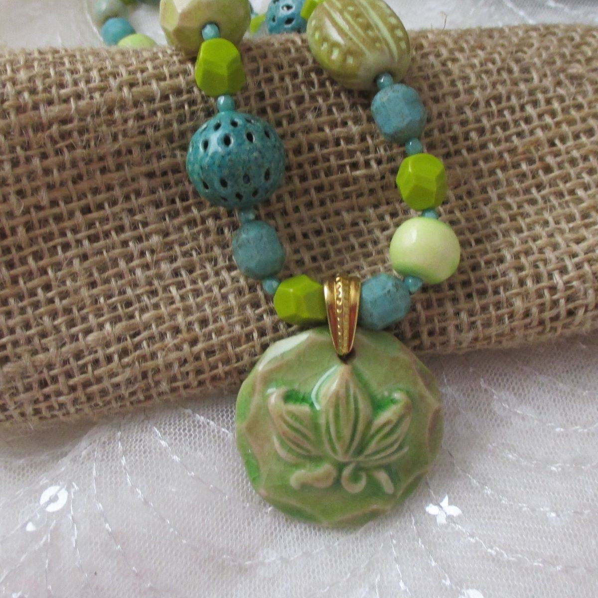 Ceramic Pendant Necklace in Celery and Teal Handmade Ceramic Beads - VP's Jewelry 