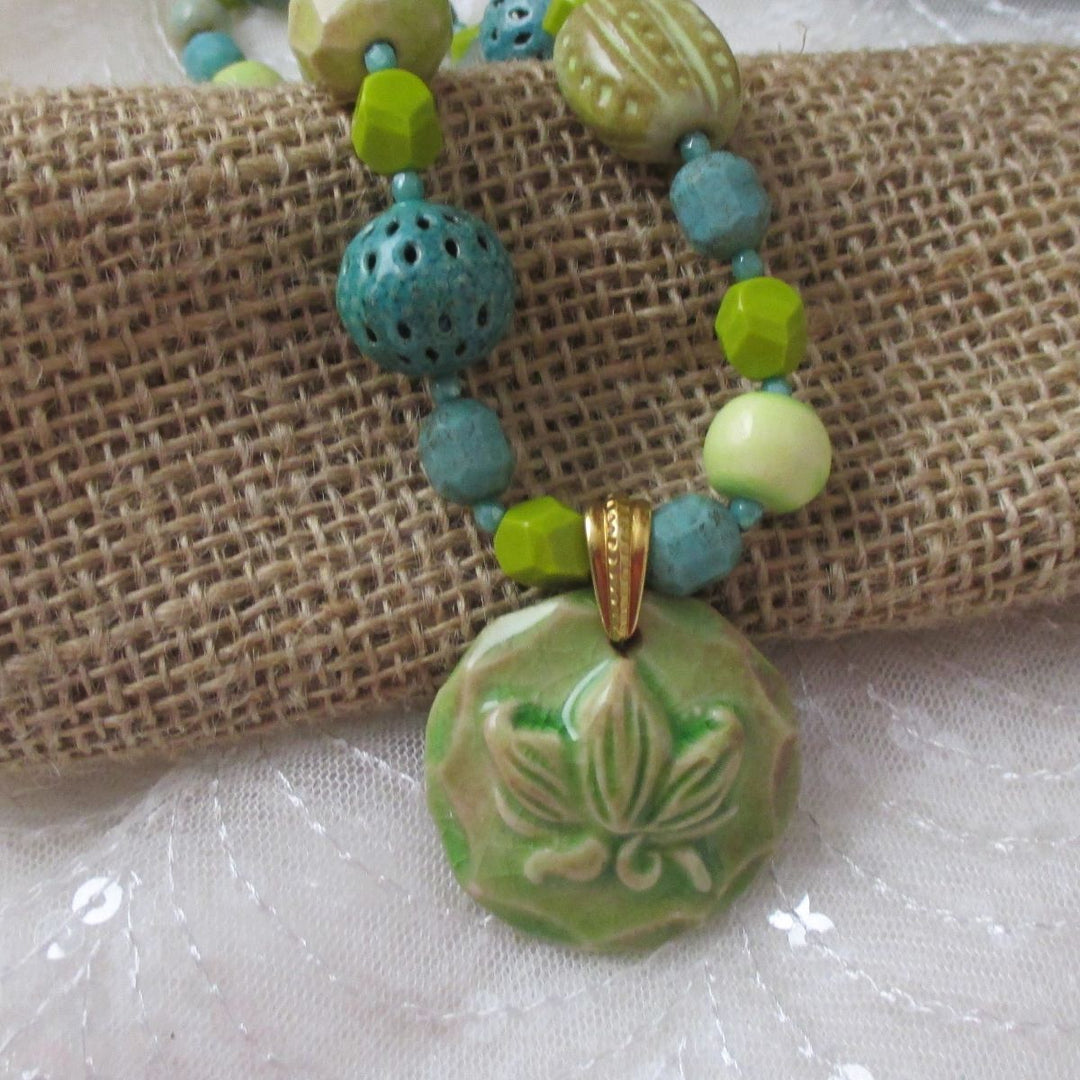Ceramic Pendant Necklace in Celery and Teal Handmade Ceramic Beads - VP's Jewelry 
