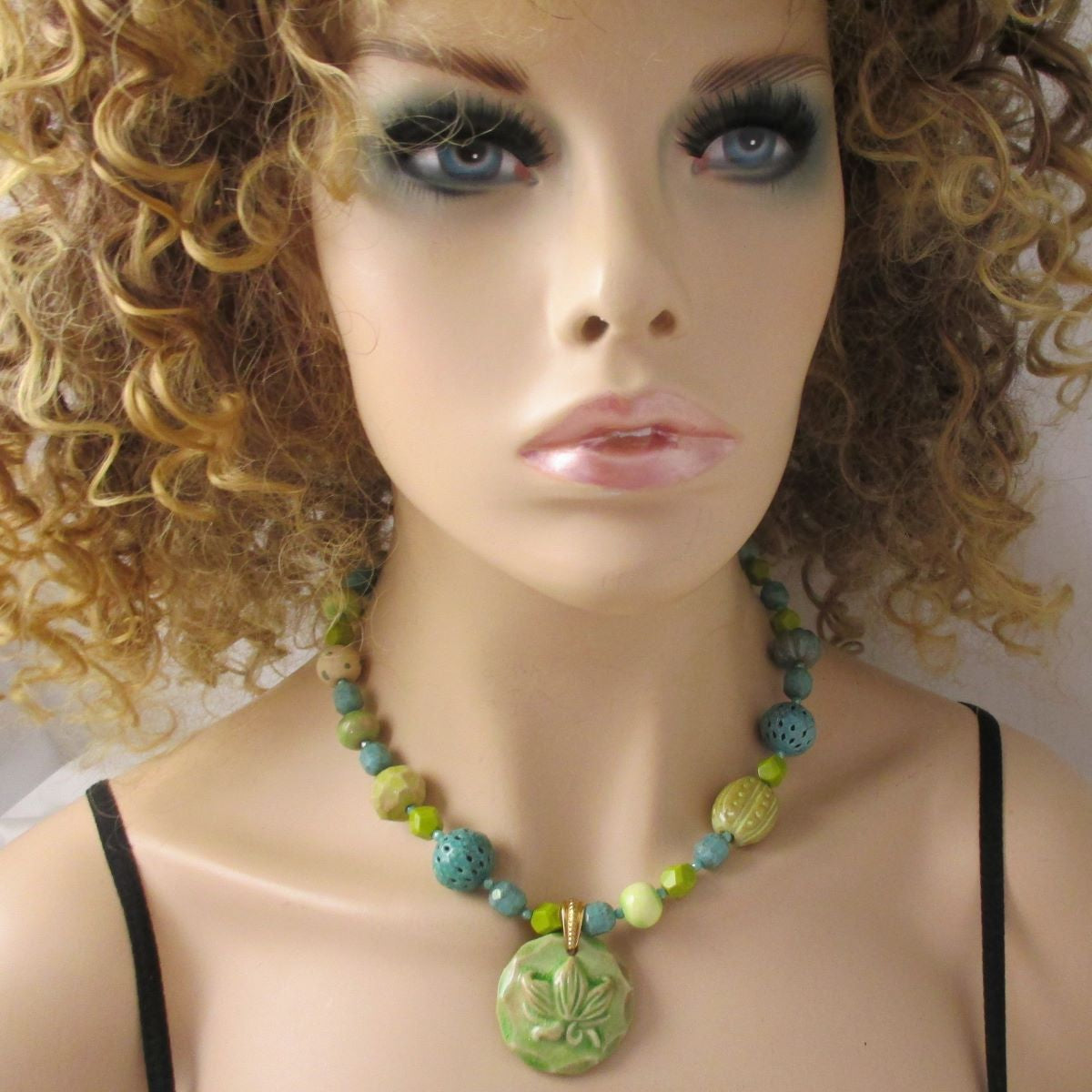 Ceramic Pendant Necklace in Celery and Teal Handmade Ceramic Beads - VP's Jewelry 