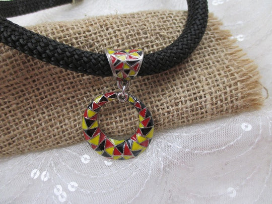 Black Cotton Cord  Necklace with Red, Black & Yellow Pendant