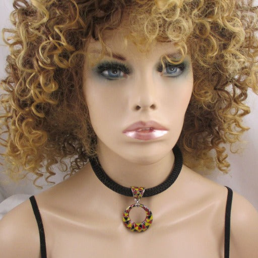 Black Cotton Cord Necklace with Red, Black & Yellow Pendant - VP's Jewelry