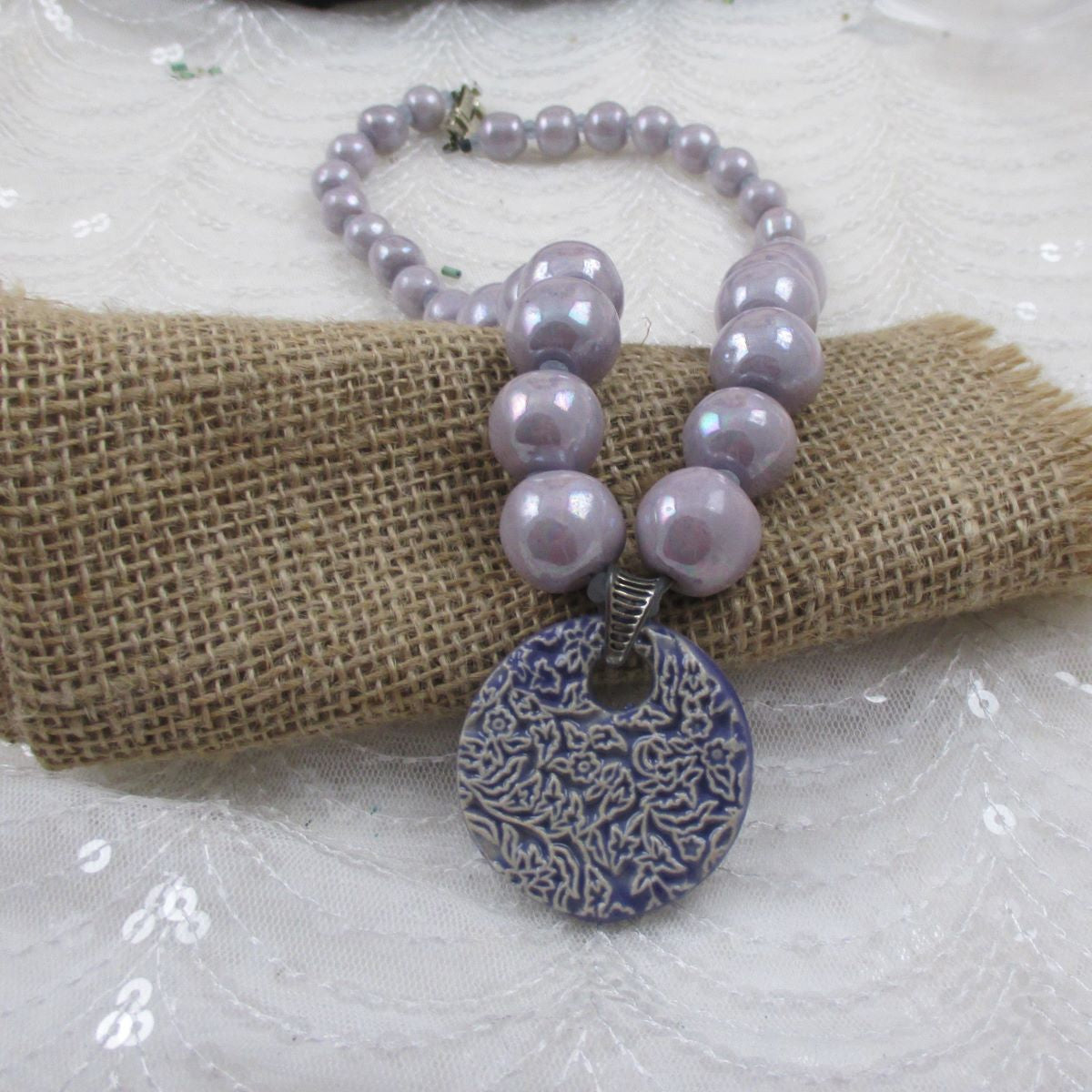 Lilac Kazuri Bead Necklace with Handmade Swazi Pendant - VP's Jewelry 