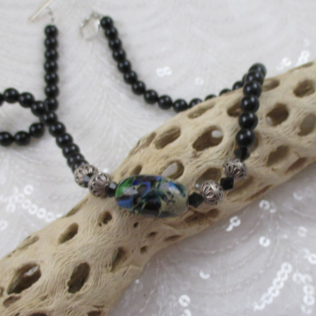 Black Handmade Swirled Artisan Bead and Black Pearl Necklace - VP's Jewelry