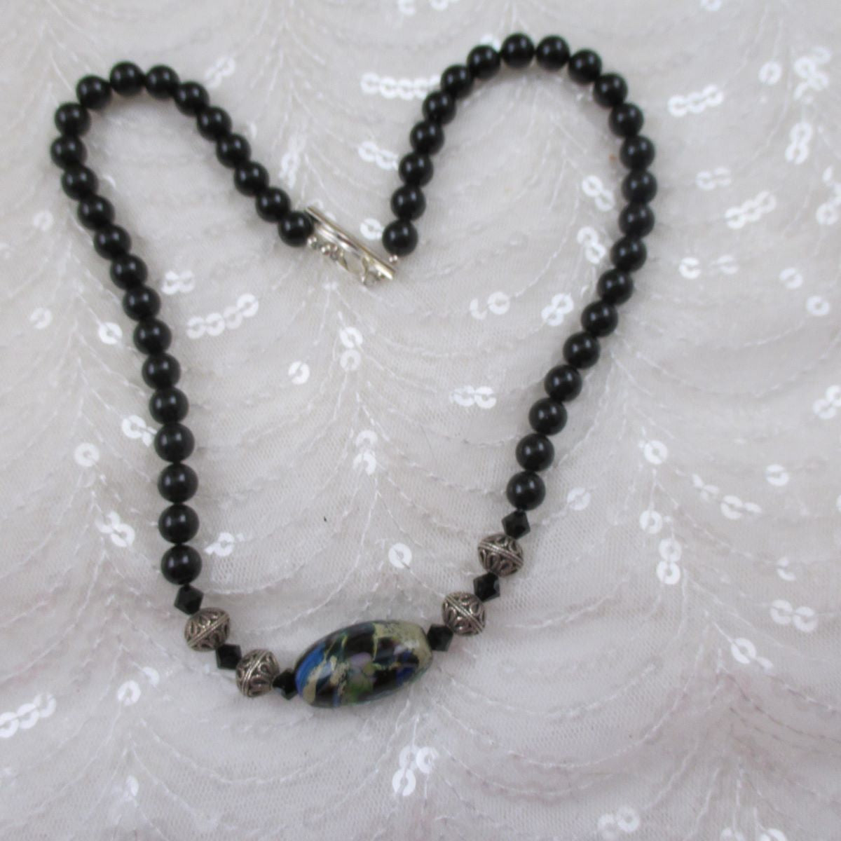 Black Handmade Swirled Artisan Bead and Black Pearl Necklace - VP's Jewelry
