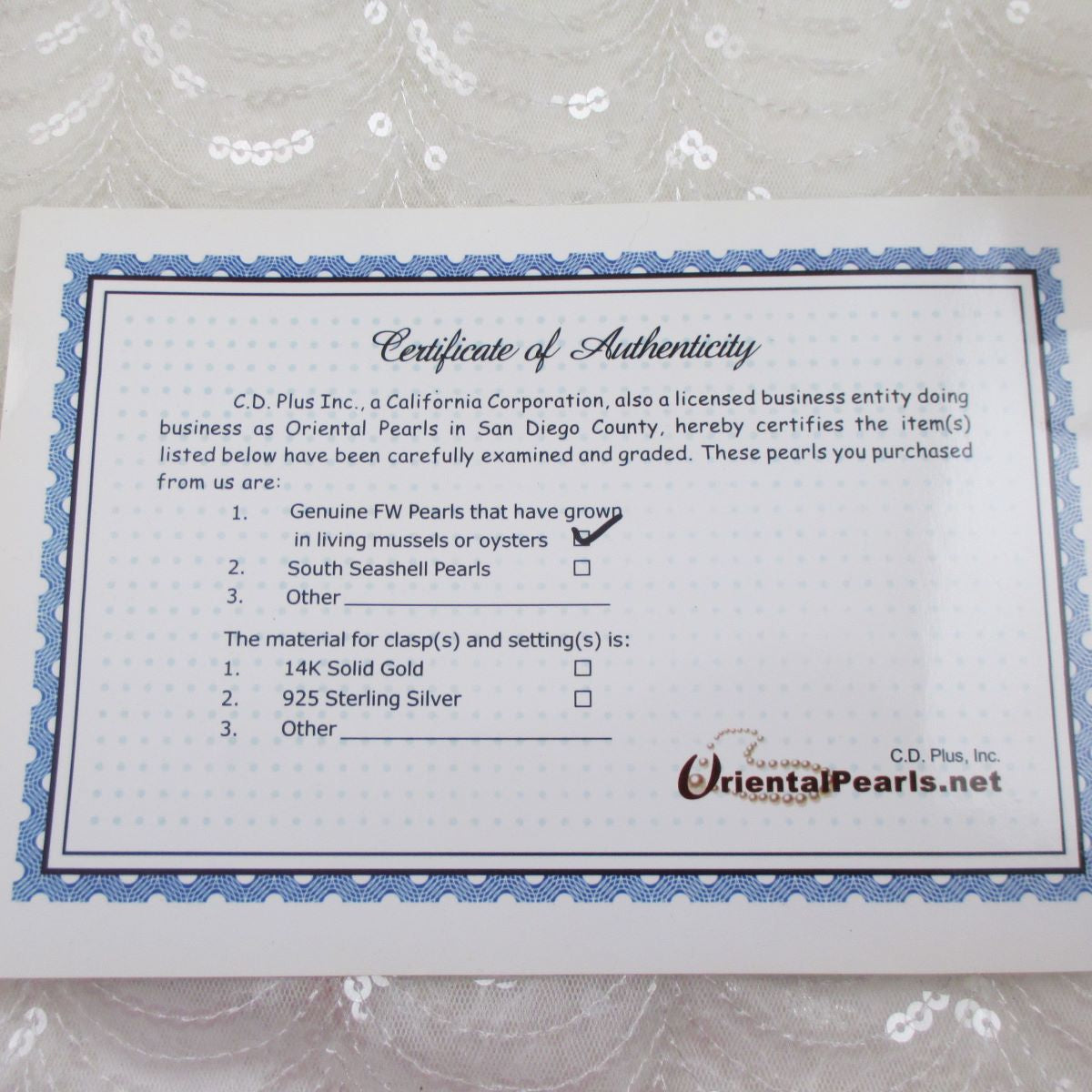 Certificate  for Pearl  used in tpearl Sunburst Pendant