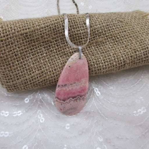 Pink Rhodonite Gemstone Pendant on Silver Chain Necklace - VP's Jewelry
