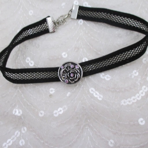 Black Stretchy Cotton Cord Choker with Silver Flower Accent - VP's Jewelry