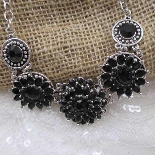 Black Crystal Flower Necklace Bold Look - VP's Jewelry