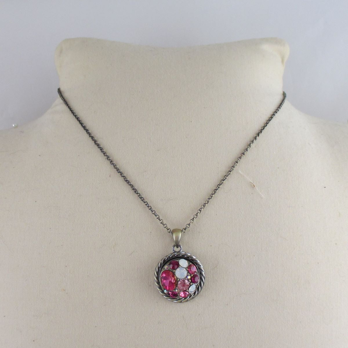 Pink Multi-stoned Crystal & Antique Brass Pendant Necklace - VP's Jewelry