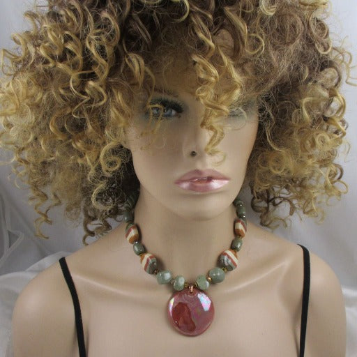 Kazuri Green & Cream Necklace & Earrings Metellic Sunset Pendant - VP's Jewelry