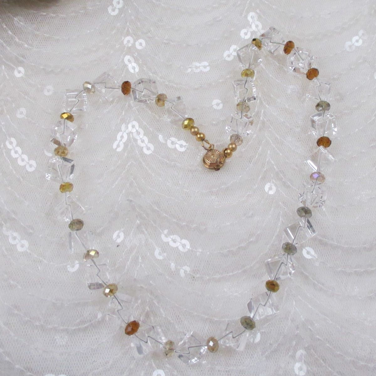 Clear Crystal Quartz Cube Gemstone Beaded Necklace - Gold Accents