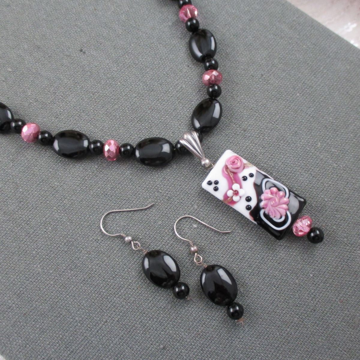 Onyx Necklace with Handmade Black & Pink Pendant - VP's Jewelry