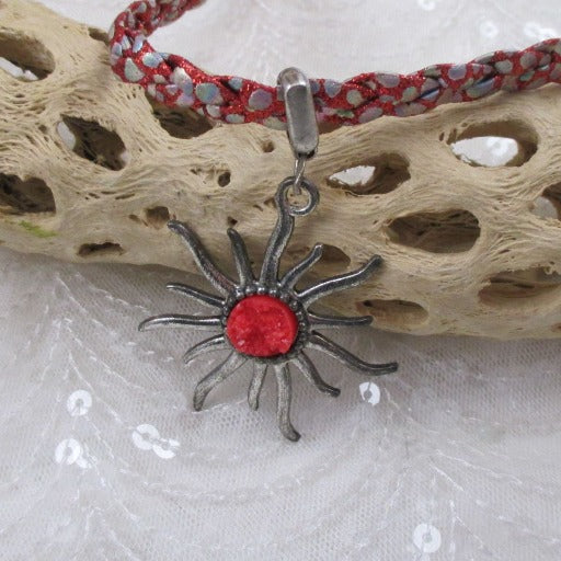 Sparkle Red Vegan Braided Leather Cord Choker with Sunburst Pendant - VP's Jewelry