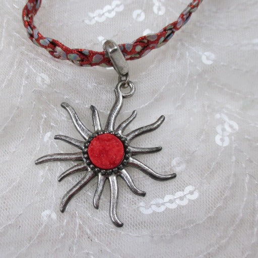 Sparkle Red Vegan Braided Leather Cord Choker with Sunburst Pendant - VP's Jewelry