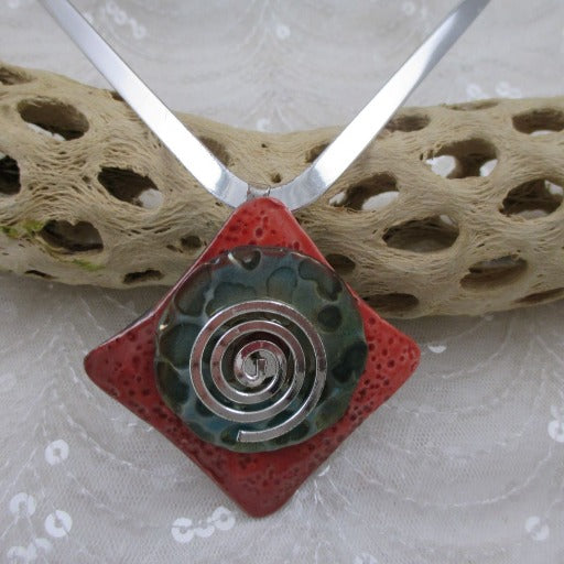 Choker Handmade Red & Aqua Pendant Spiral Bail Silver Neck Wire - VP's Jewelry
