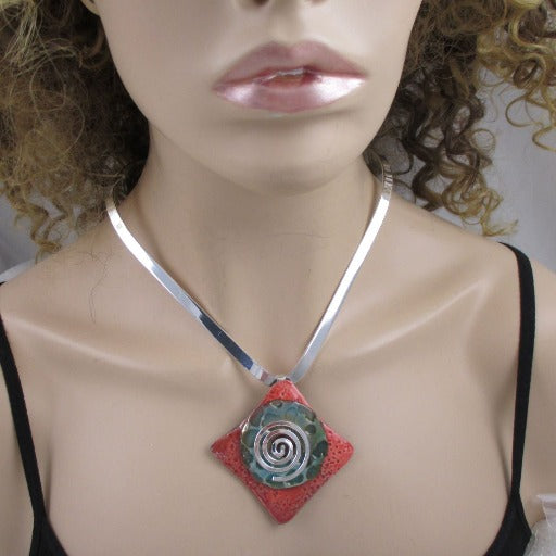 Choker Handmade Red & Aqua Pendant Spiral Bail Silver Neck Wire - VP's Jewelry