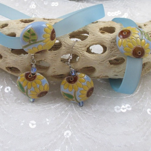 Powder Blue Choker Bracelet Sun Flower Earrings Handmade Ultra-light - VP's Jewelry