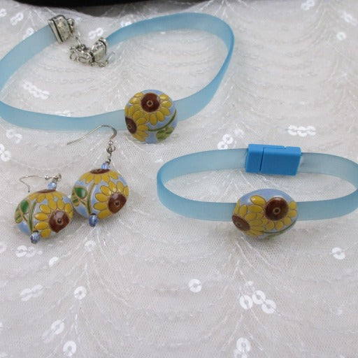 Powder Blue Choker Bracelet Sun Flower Earrings Handmade Ultra-light - VP's Jewelry