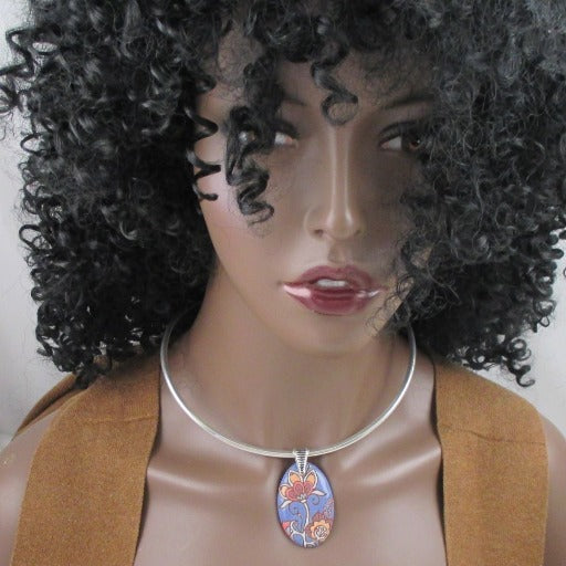 Handmade Periwinkle & Melon Pendant on Silver Neck Wire Flower Style - VP's Jewelry