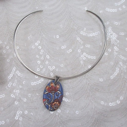 Handmade Periwinkle & Melon Pendant on Silver Neck Wire Flower Style - VP's Jewelry