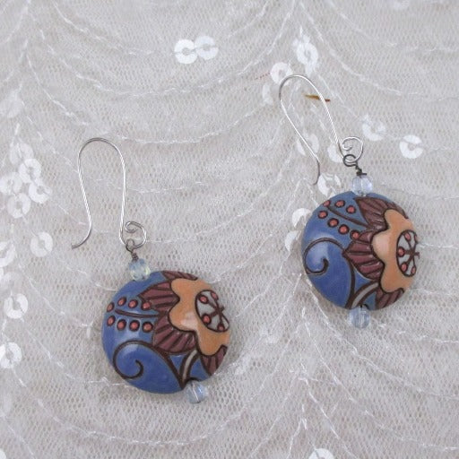 Handmade Periwinkle Blue Floral Ceramic Earrings Golem - VP's Jewelry