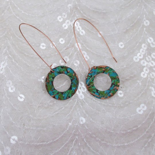 Long Copper Earrings Hand Finished Rainbow Patine - VP's Jewelry