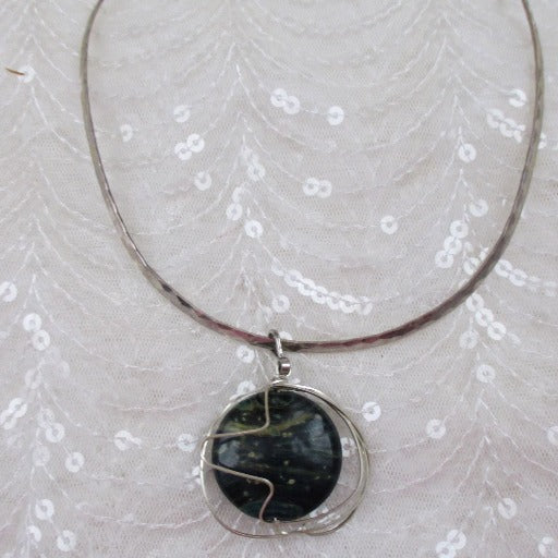 Dark Blue Swirl Artisan Bead Wire Wrapped Pendant Necklace - VP's Jewelry 