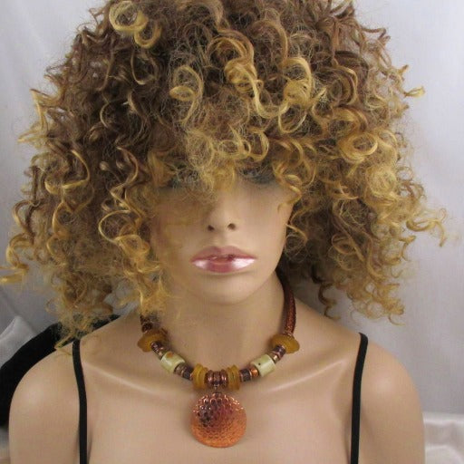 Big Bold Copper Pendant Necklace Metallic Cord Sea Glass Accents - VP's Jewelry