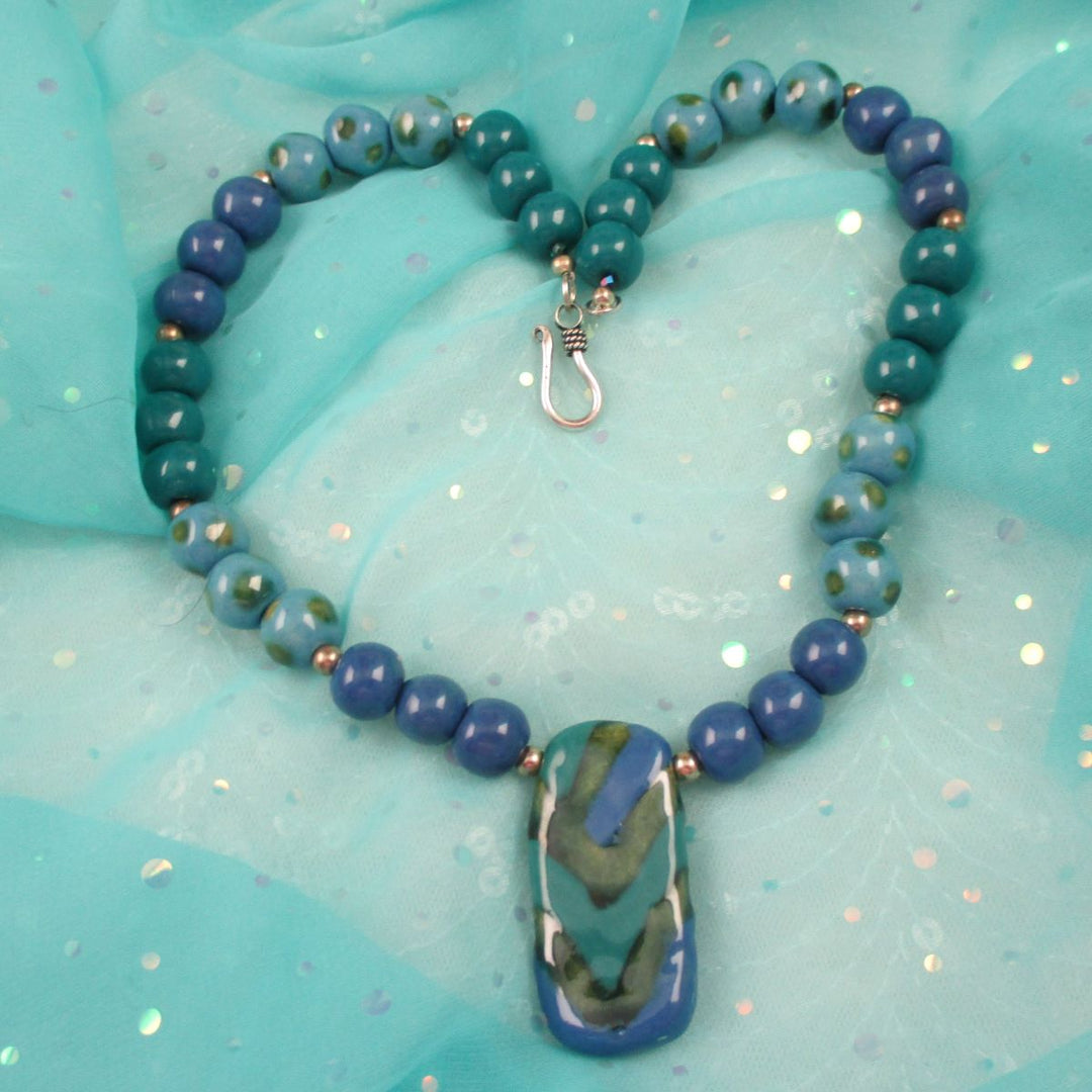 Kazuri Pendant Necklace in Blue Peacock and Green African Beads - VP's Jewelry
