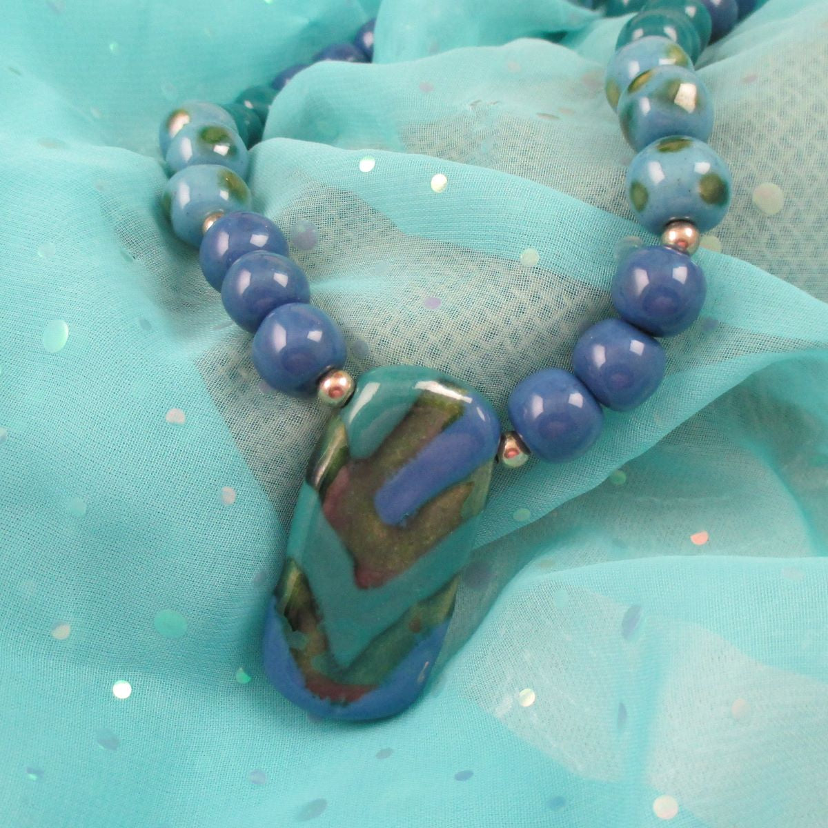 Kazuri Pendant Necklace in Blue Peacock and Green African Beads - VP's Jewelry