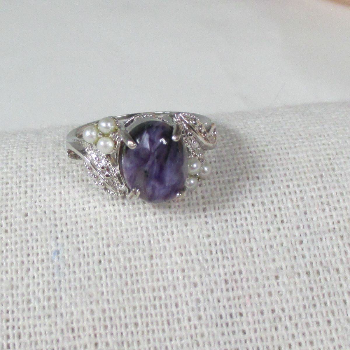 Purple Gemstone Charoite and Pearl Woman's Ring Size 7