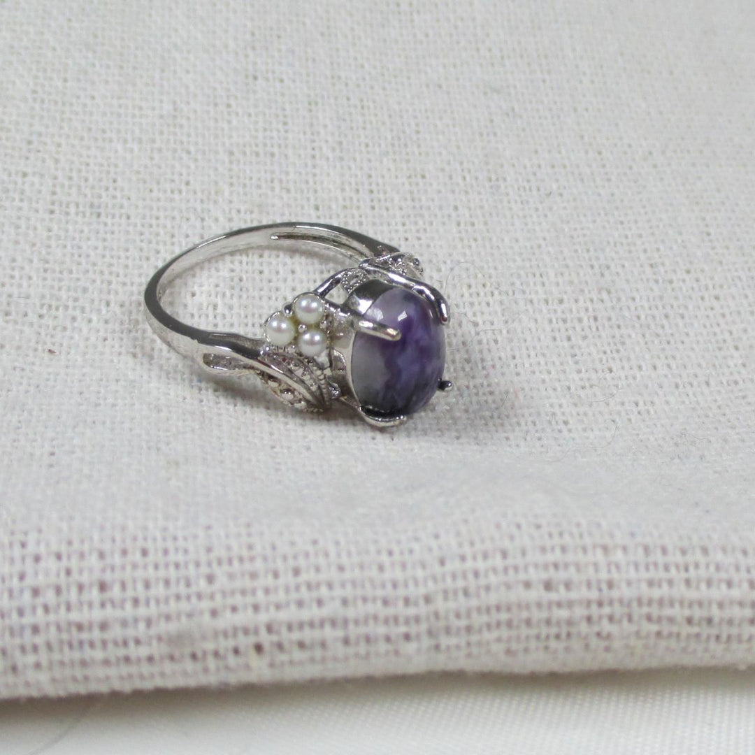Purple Gemstone Charoite and Pearl Woman's Ring Size 7