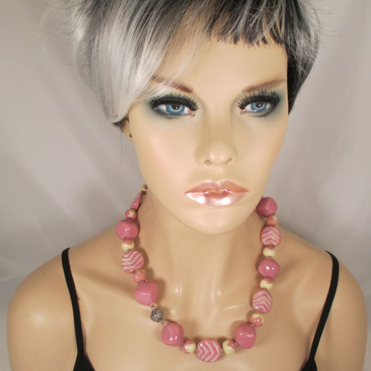 Large Kazuri Necklace Big Bold Pink Handmade Beads - VP's Jewelry