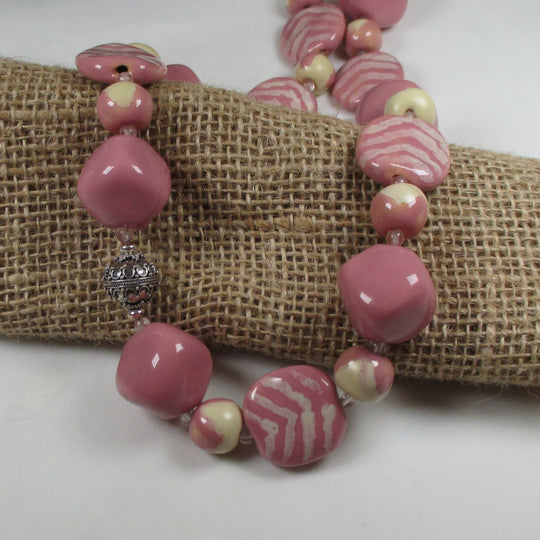 Large Kazuri Necklace Big Bold Pink Handmade Beads - VP's Jewelry
